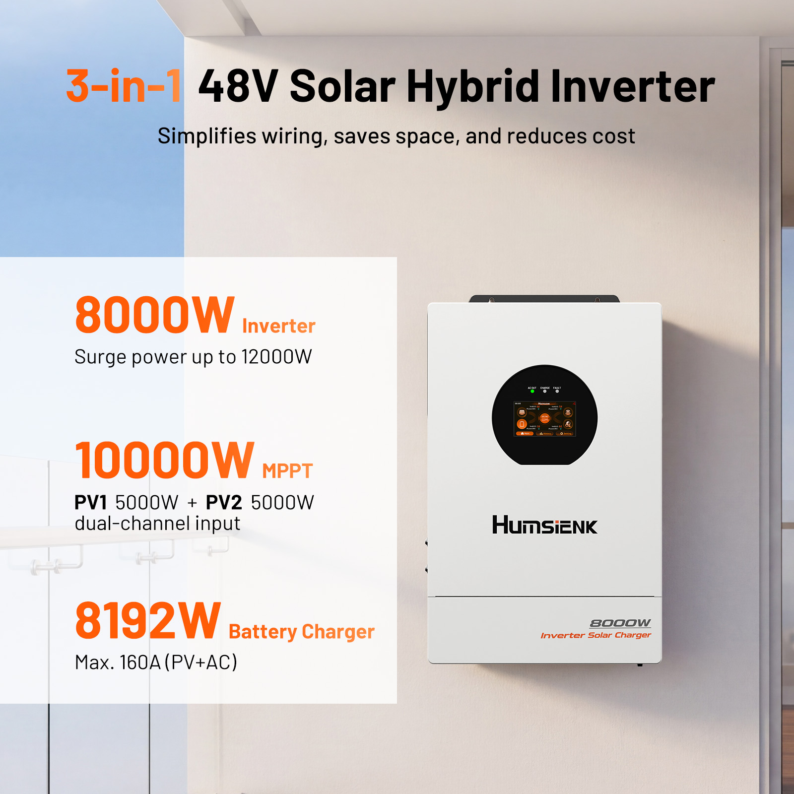 Humsienk 48V 8KW 3-in-1 Solar  - Mppt Hybrid Inverter 48V 8Kw 3 Phase 评论和价格